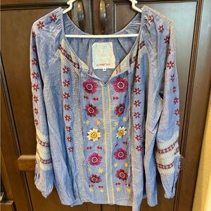Johnny Was Workshop blue embroidered top size M